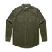 A button-up cord shirt in olive green with two chest pockets and a collared neckline. It features long sleeves and a logo.