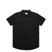 A black short-sleeved work shirt featuring two chest pockets and a button-up front. It includes a logo. A black short-sleeved work shirt featuring two chest pockets and a button-up front. It includes a logo.