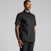 A black short-sleeve work shirt with a button-up front, featuring two chest pockets and a branding logo. A black short-sleeve work shirt with a button-up front, featuring two chest pockets and a branding logo.