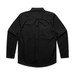 A black long-sleeved work shirt with a button-down collar and a back pleat, featuring a logo on the sleeve.