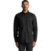 A black work shirt featuring long sleeves and two chest pockets, worn by a model. It includes a logo.