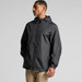 A black rain jacket with a hood and zippered front, featuring a logo on the sleeve.