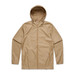 A tan rain jacket with a hood and two side pockets, featuring a logo.