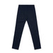 A pair of navy blue slacks with a smooth finish and back pockets, featuring a branding logo.