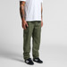 Utility cargo pants in olive green, featuring multiple pockets and a relaxed fit, worn with a white t-shirt and black shoes. Utility cargo pants in olive green, featuring multiple pockets and a relaxed fit, worn with a white t-shirt and black shoes.