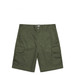 Cargo shorts in olive green with multiple side pockets, featuring a front button closure and a branded label. Cargo shorts in olive green with multiple side pockets, featuring a front button closure and a branded label.