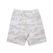 Light grey camo shorts with an elastic waistband and a back pocket, featuring a branding logo. Light grey camo shorts with an elastic waistband and a back pocket, featuring a branding logo.