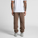 Brown track pants with a relaxed fit, featuring tapered legs and elastic cuffs. The model wears a plain white t-shirt. Brown track pants with a relaxed fit, featuring tapered legs and elastic cuffs. The model wears a plain white t-shirt.