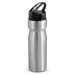 A drink bottle in silver metal with a black flip cap and a handle, featuring a logo on the side. A drink bottle in silver metal with a black flip cap and a handle, featuring a logo on the side.