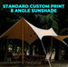 A tan canopy with eight angles set up outdoors among trees, featuring poles and hanging lights.