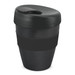 A drink bottle in dark green and black with a lid and a band around the middle. It features a logo.