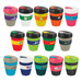 A collection of colourful drink cups featuring various designs and logos, each with a black lid. A collection of colourful drink cups featuring various designs and logos, each with a black lid.