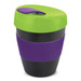 A drink bottle featuring a black body with a green lid and purple sleeve, equipped with a secure top closure.
