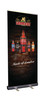 A pull-up banner featuring various beer bottles against a dark background, with a sleek silver base and logo at the top. A pull-up banner featuring various beer bottles against a dark background, with a sleek silver base and logo at the top.