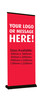 A red pull-up banner with adjustable height featuring a slot for a logo or message and a sturdy base. A red pull-up banner with adjustable height featuring a slot for a logo or message and a sturdy base.