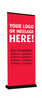 A red pull-up banner featuring a black base, displaying space for a logo or message. A red pull-up banner featuring a black base, displaying space for a logo or message.