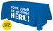 A blue table cover with a logo and a message area, designed for a 6-foot table. Custom sizes available. A blue table cover with a logo and a message area, designed for a 6-foot table. Custom sizes available.
