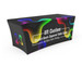 A black table cover with a colourful abstract design, featuring a fitted style and a logo.