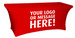 A red table cover designed for a four-foot table, featuring a space for a logo or message.