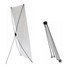 An X-banner display with a white banner and a black frame, showcasing its collapsible design. An X-banner display with a white banner and a black frame, showcasing its collapsible design.