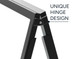 A black A-frame with a unique hinge design, featuring a silver metallic edge. It has a sleek and modern appearance.