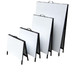 A set of four black metal A-frames in varying sizes, featuring white surfaces for displays or signage. A set of four black metal A-frames in varying sizes, featuring white surfaces for displays or signage.