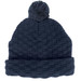 A navy blue pom pom beanie with a textured pattern and a fluffy pom pom on top. It has a folded brim. A navy blue pom pom beanie with a textured pattern and a fluffy pom pom on top. It has a folded brim.
