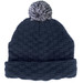 A dark navy beanie with a textured pattern and a grey pom pom on top, featuring a logo. A dark navy beanie with a textured pattern and a grey pom pom on top, featuring a logo.