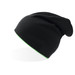 A black beanie with a green trim, featuring a logo on the side. A black beanie with a green trim, featuring a logo on the side.