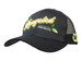 A black cap featuring a mesh back and embroidered design, highlighting recycled materials and eco-friendly themes.