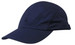A navy blue cap with a curved brim and mesh detailing, featuring a logo on the front.
