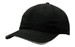 A black cap featuring a woven fabric, wind strap, and clip. It has a curved brim and a logo.