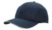 A navy cap with a curved brim, featuring a woven fabric design and a wind strap with a clip.