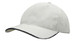 A white cap with a contrasting dark trim, featuring a woven fabric and a wind strap with a clip.