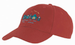 A red college cap with an embroidered design featuring houses and waves. It includes a logo on the front.