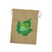 A large jute gift bag in natural beige with a green leaf design and a logo. A large jute gift bag in natural beige with a green leaf design and a logo.