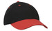 A black cap with a red peak and eyelets, featuring a logo.