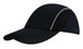 A black cap featuring woven fabric with mesh side panels and a peak, complete with a branding logo.