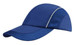 A blue cap with woven fabric and mesh side panels, featuring a structured peak and a logo.