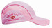 A pink cap featuring woven fabric with mesh side panels and a peak. It has a logo on the side.