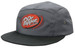 A grey and black cap featuring an embroidered logo, with a square front and a breathable design.