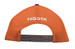 An orange cap with a mesh back and a rear adjustable strap, featuring a logo on the back. An orange cap with a mesh back and a rear adjustable strap, featuring a logo on the back.