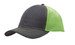 Brushed cotton cap with a grey front and vibrant green mesh back, featuring a stitched design and a logo. Brushed cotton cap with a grey front and vibrant green mesh back, featuring a stitched design and a logo.