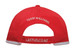 A red cap with white trim and an adjustable back. It features two embroidered text elements. A red cap with white trim and an adjustable back. It features two embroidered text elements.