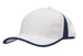 A white cap with navy trim and inserts, featuring a curved peak and a logo on the front. A white cap with navy trim and inserts, featuring a curved peak and a logo on the front.