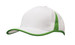 A white cap with green trim along the brim and inserts, featuring a logo on the side. A white cap with green trim along the brim and inserts, featuring a logo on the side.