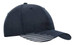 A navy cap made from breathable poly twill, featuring a peak and a mesh design on the back, with branding.