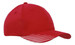 A red cap featuring breathable poly twill with peak flash print and a logo.
