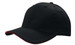 A black cap with a red sandwich trim and a logo on the front. Features breathable poly twill fabric.