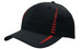 A black cap with a small check pattern and red detailing, featuring a branded logo.
